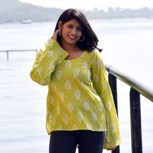 Lime Green Handblock Printed Cotton Kurti